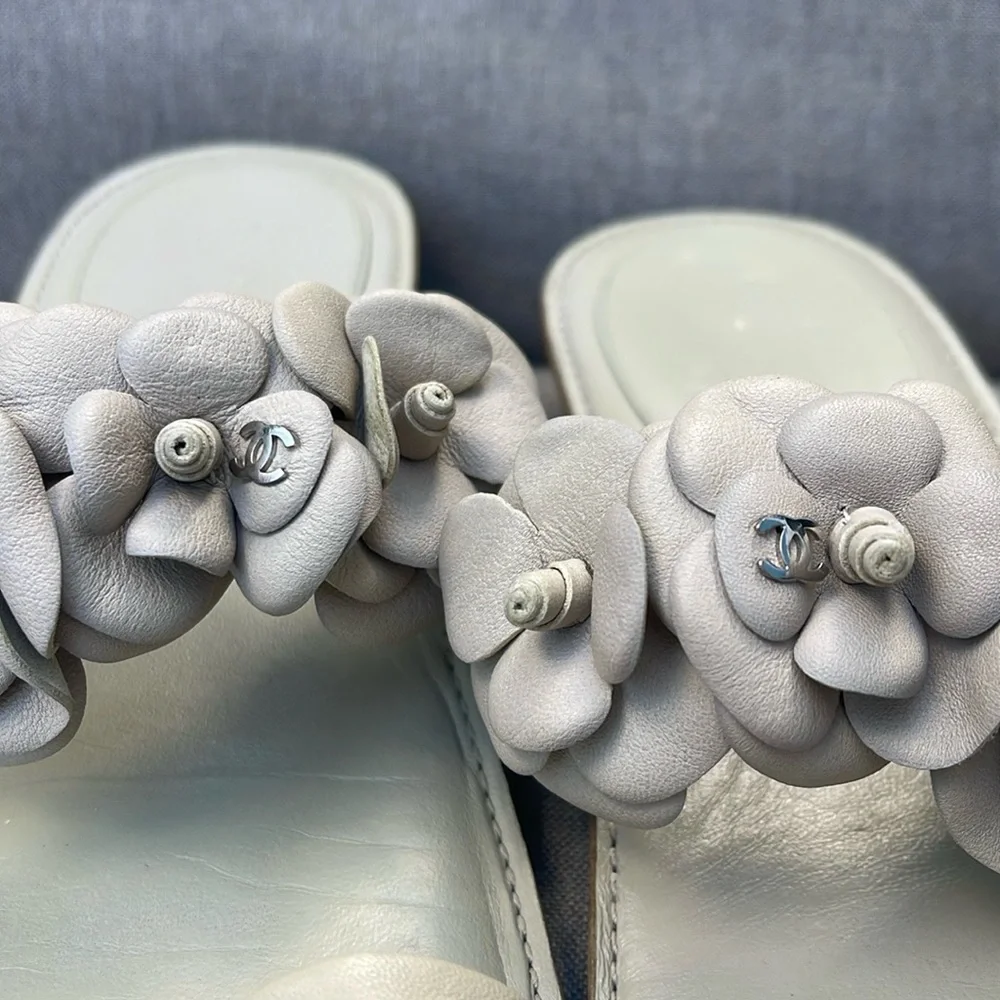CHANEL Leather Camellia Sandals with Silver CC accents